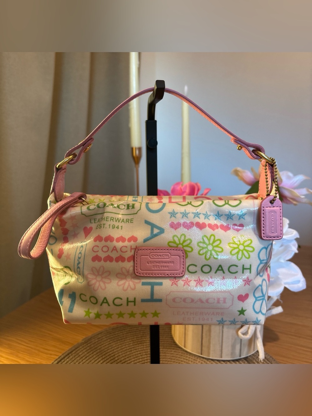 Coach Multicolor Scribble Mini Shoulder Bag Pink Leather Strap Small Purse Y2K
